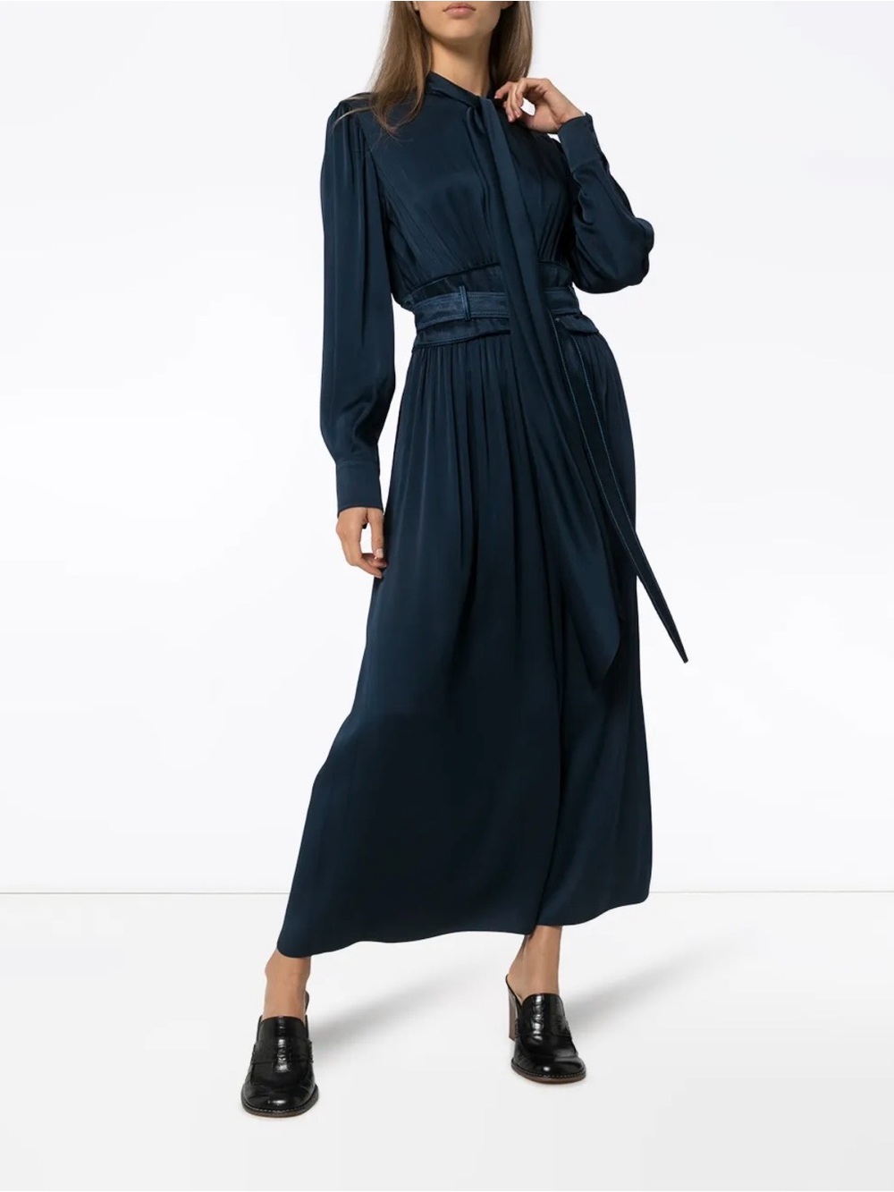 Sies Marjan Blue Silk Blend Belted Tie Neck Long Sleeve Maxi Dress Sz 2 $2397
